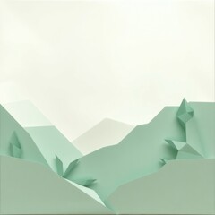 A minimalist paper art landscape with soft green tones and abstract mountains.