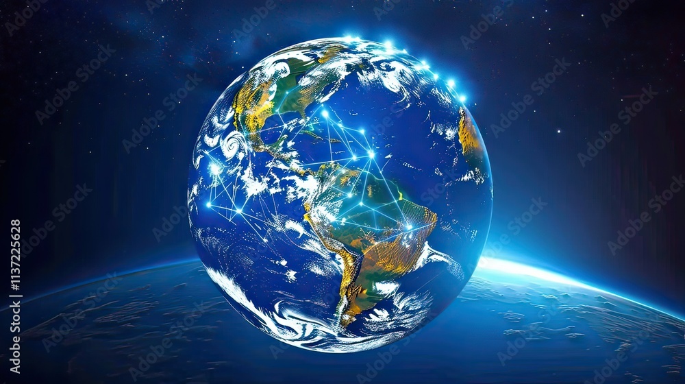 Poster earth illuminated by digital networks representing global connections.