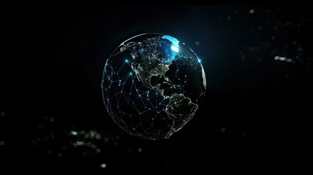 Earth illuminated by digital networks representing global connections.