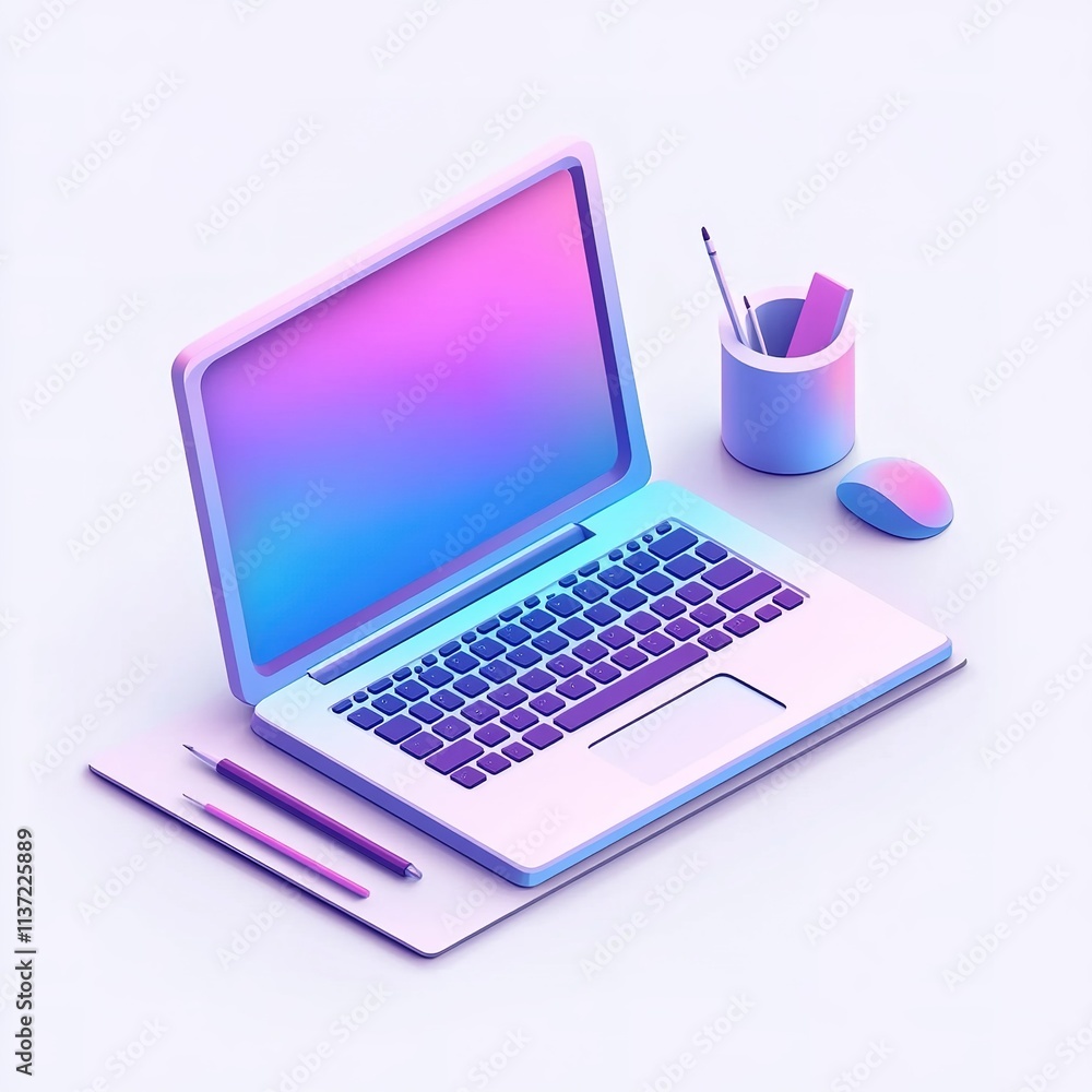 Poster laptop is on a table with a pen and a mouse