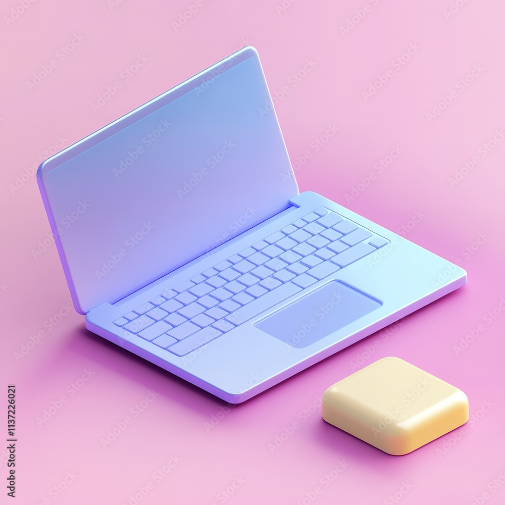 Poster laptop is on a pink background with a yellow object next to it