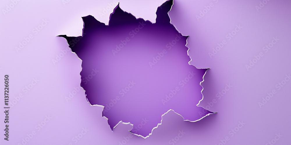 Poster torn hole revealing darker purple background creating frame effect