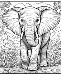 Fototapeta premium Coloring page for kids: a happy elephant standing on grassy