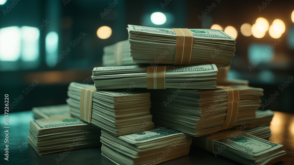 Poster stacks of one hundred dollar bills lying on a table creating a small fortune