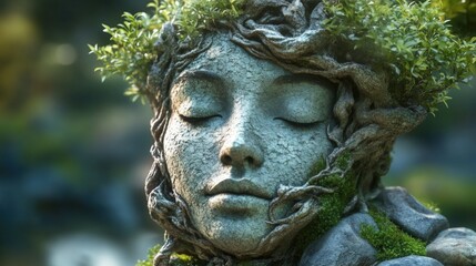 Serene stone face sculpture entwined with roots and plants, peaceful expression, mossy base.