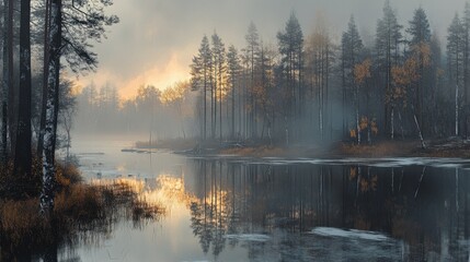 Fototapeta premium Finland serene forest lake at sunrise, glowing golden light, misty reflections, frosted shorelines, and majestic pines.