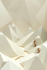 A minimalistic landscape featuring abstract mountains and two figures exploring the terrain.