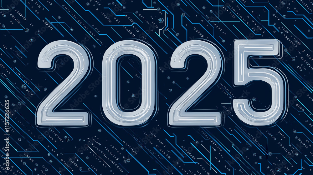 Poster 2025 futuristic sci-fi numbers with circuit board background representing technological advancement