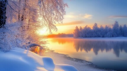 Naklejka premium Finland serene sunrise over a tranquil forest lake, soft golden light, frosted shores, and calm reflections.