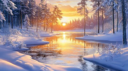 Finland serene sunrise over a tranquil forest lake, soft golden light, frosted shores, and calm reflections.