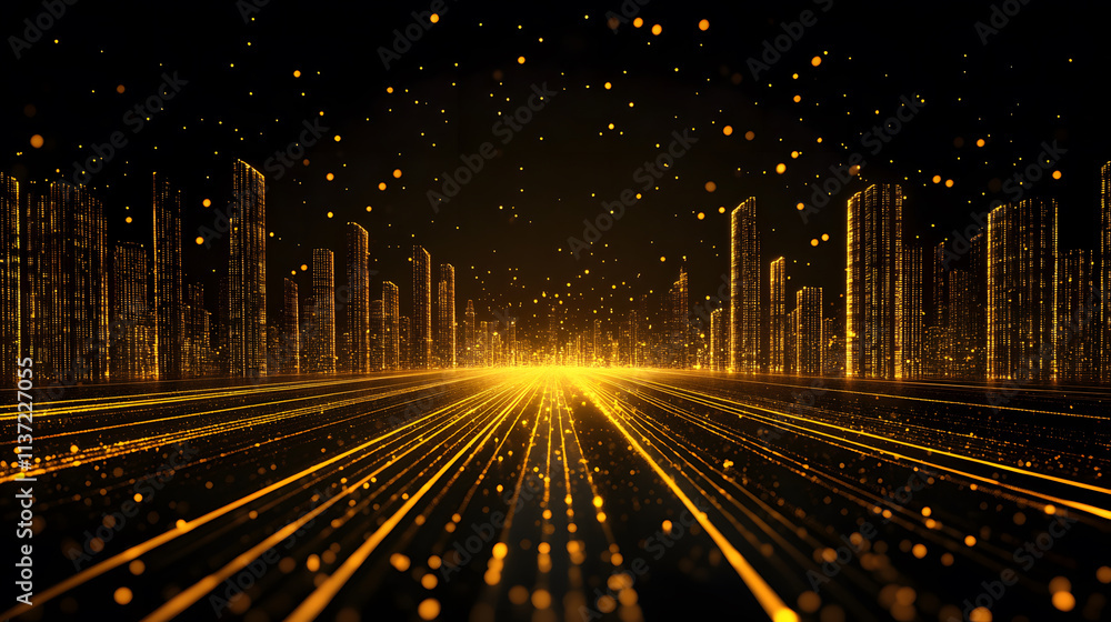 Aufkleber a vibrant, golden cityscape with radiant lines and sparkling particles, evoking a futuristic and dyn