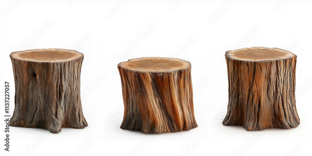 Poster Three wooden tree stumps showing different stages of aging on white background