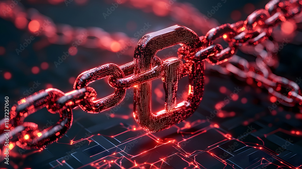 Poster a glowing red lock and chain on a dark digital background, symbolizing security and protection in a 