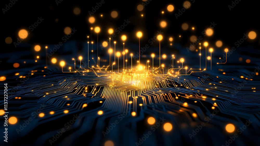 Poster a captivating visual of glowing golden particles emerging from a circuit board, symbolizing innovati