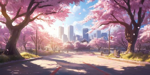 A City Path Lined with Blooming Cherry Trees