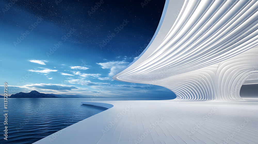 Poster a futuristic architectural design featuring flowing lines, a serene water body, and a beautiful sky,