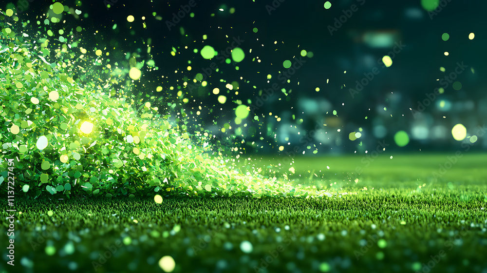 Poster A vibrant field of grass with sparkling green particles, creating a dynamic and lively atmosphere