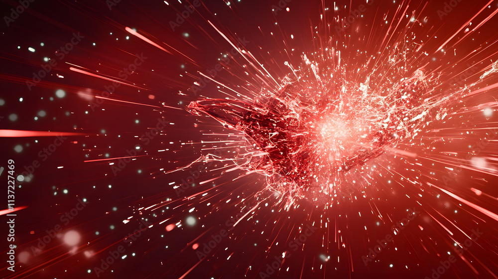 Poster A vibrant explosion of red light and particles conveys energy and dynamism, creating a visually striking effect