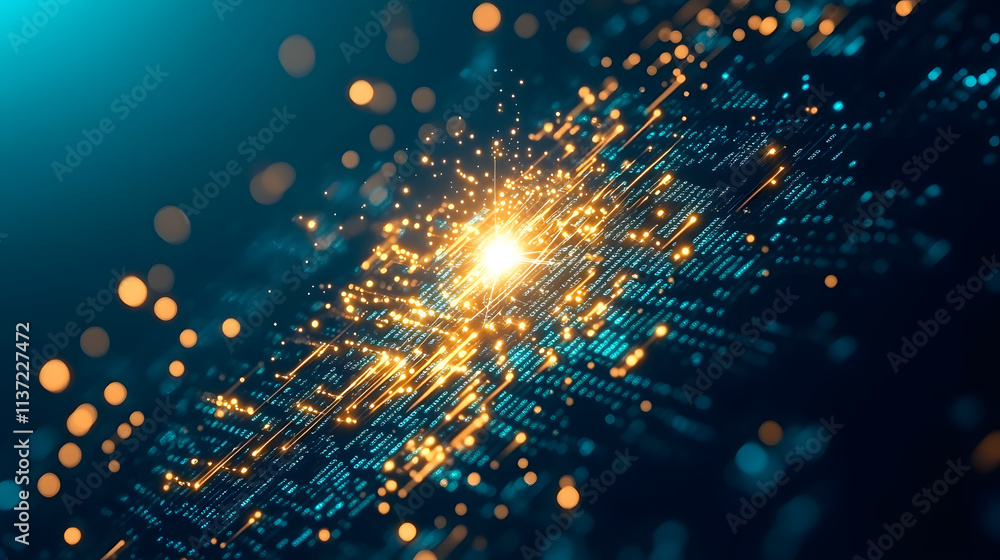 Poster A vibrant, abstract representation of digital technology, featuring glowing particles and data patterns in a deep blue background
