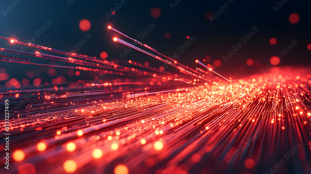 Poster A vibrant display of red light trails conveying speed and technology against a dark background, creating a dynamic and energetic visual effect