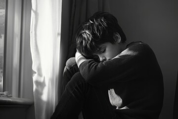 Sad Boy Sitting with His Knees Hugging and Thinking , Childhood Depression, Abandonment , Generative AI