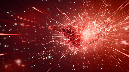 A vibrant explosion of red light and particles conveys energy and dynamism, creating a visually striking effect