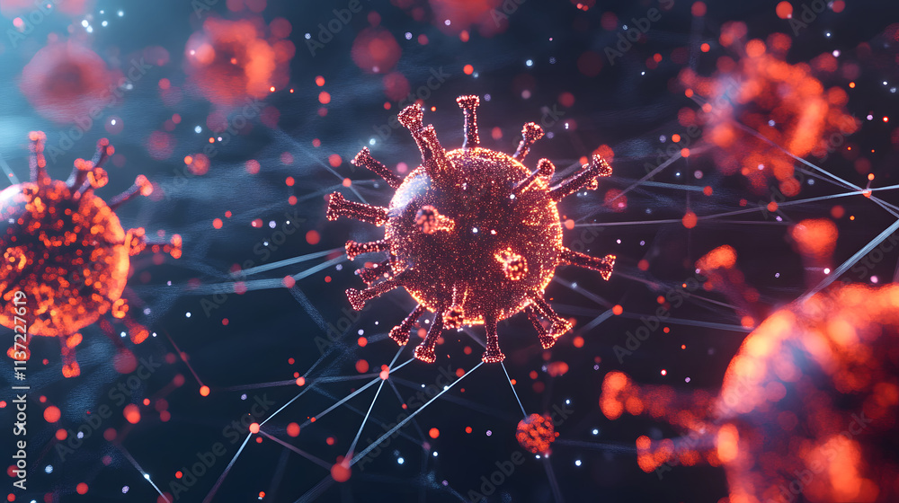 Poster a detailed illustration of a virus, showcasing its structure with red spikes, set against a dark, ab