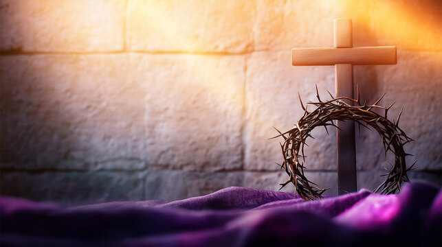 Crown of thorns leaning on wooden cross with purple cloth and stone wall background representing lent and easter