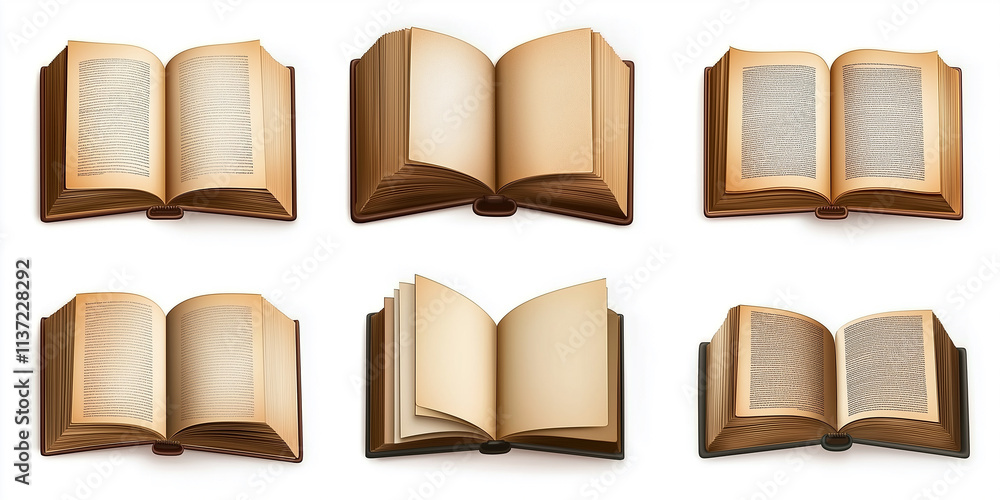 Poster Open antique books showing blank and text-filled pages from different viewpoints