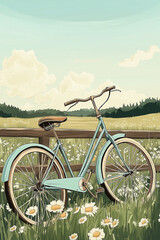 Fototapeta premium Light blue vintage bicycle leaning on wooden fence in beautiful daisy field
