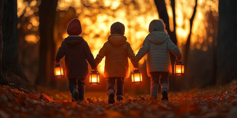 Fototapeta premium Children walking in forest at sunset holding lanterns