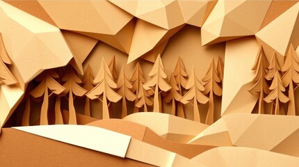 A paper-cut landscape featuring stylized trees and mountains in warm tones.