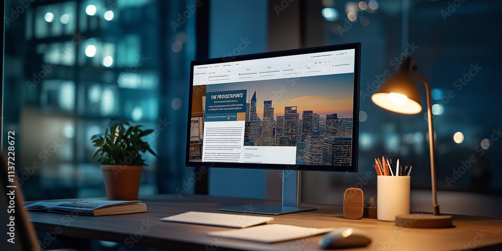 Poster modern office desk showing computer screen displaying business website at night
