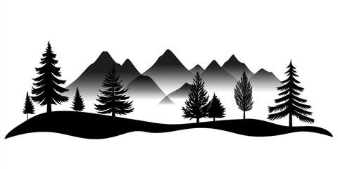 Black and white mountain range silhouette with pine trees growing on hills