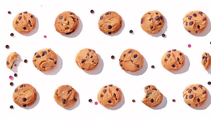 Obraz premium Vector pattern of cookies with chocolate chips. Cookie day. Box, packaging of cookies with chocolate crumbs. cookies with chocolate chips. Cookie day isolated vector illustration, logo, icon cutout