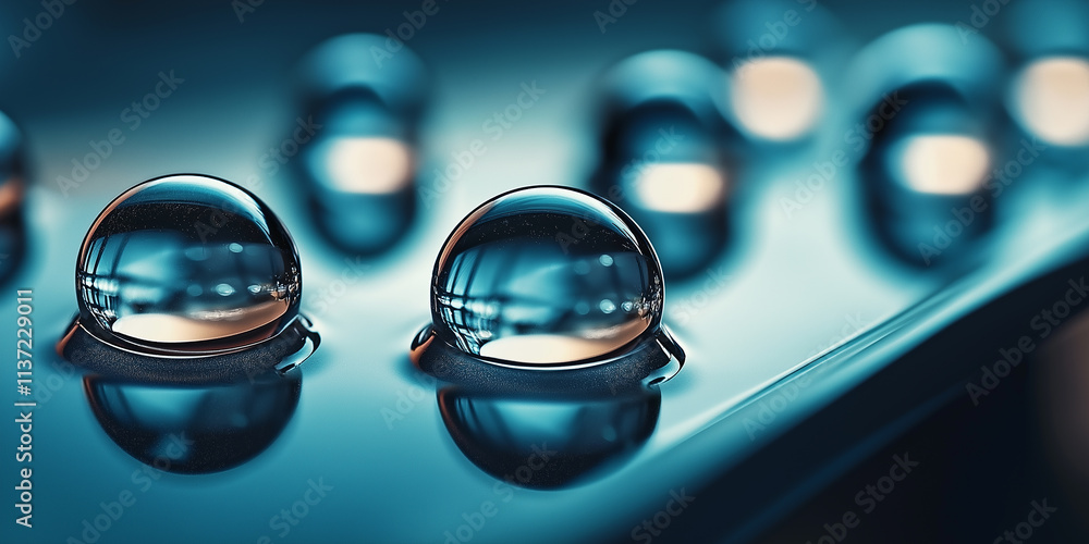 Poster close-up of water droplets reflecting light on a smooth surface
