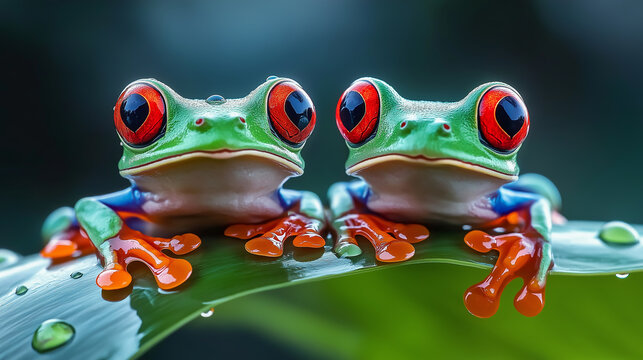 Two red-eyed tree frogs sitting on a wet leaf