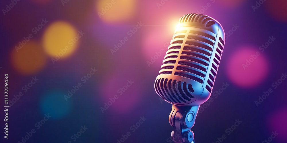Poster vintage microphone shines on stage with colorful bokeh background