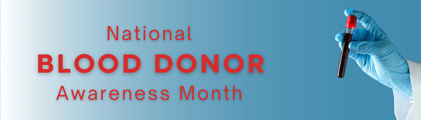 Donate blood, message to people with blood tube, on blue background.
