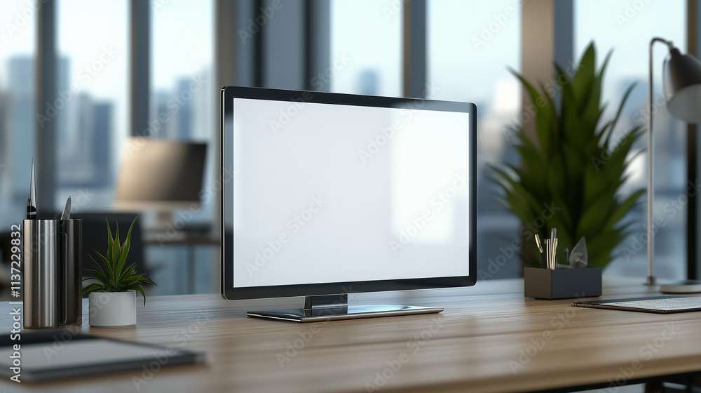 Aufkleber modern desktop computer showing blank screen in stylish office with city view