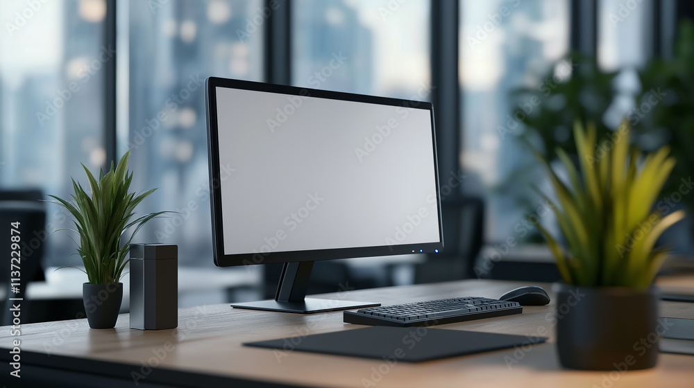 Aufkleber Modern workplace setup showing computer screen with plants and city view