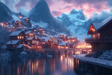 Fototapeta premium Winter Village at Sunset in the Mountains