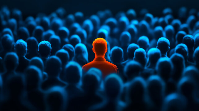Unique person standing out from crowd of people