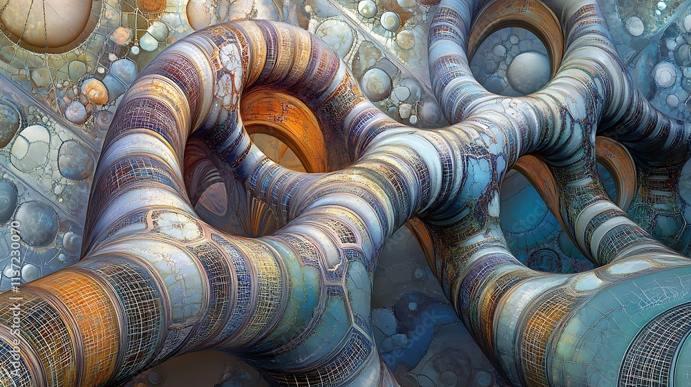 Fototapete abstract 3d rendering of interconnected, swirling, multicolored tubes forming a complex, organic str