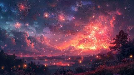 A festive night scene with colorful fireworks lighting up the sky and strings of triangular flags waving in the wind. The night is alive with bright hues of purple, orange, 