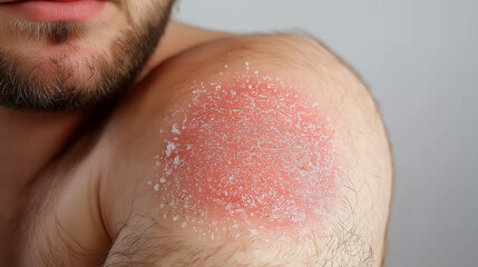 Fototapeta premium Man showing severe sunburn peeling skin on shoulder