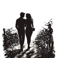 Man and woman are walking down a path in a vineyard