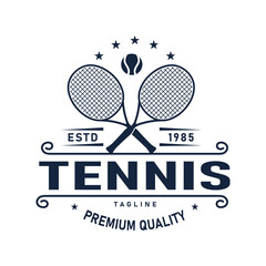 Retro Vintage Crossed Tennis Racket and Ball Logo Design, Sports Tournament Vector Illustration