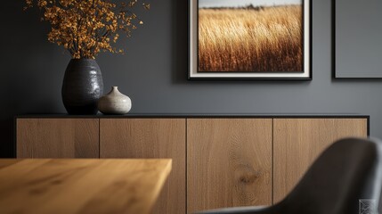 A wooden table with a vase of flowers on it