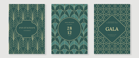 Gala invitation luxury pattern cover vector set. Golden elegant wavy gold line pattern on sage green background. Premium design illustration for wedding, vip cover template, grand opening, flyer.